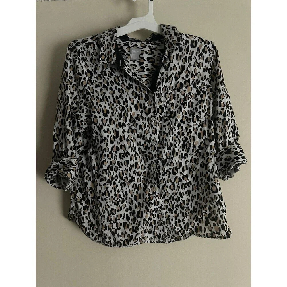 Chico's Button Down Shirt Womens Size 2 Animal Print Linen
